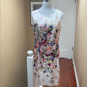 Talbots White and Floral Sheath Midi Dress Sleeveless Scoop Neck